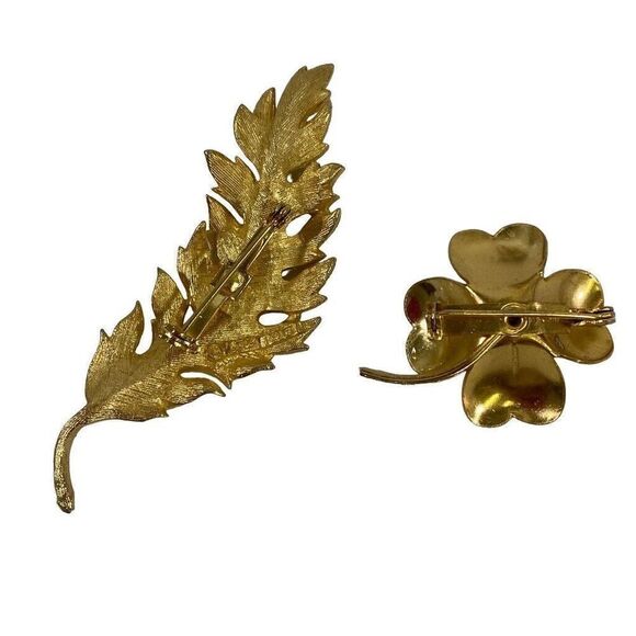 Lot 2 Coro Brooch Pins Leaf & Rhinestone 4 Leaf Clover Gold Tone - Picture 2 of 4
